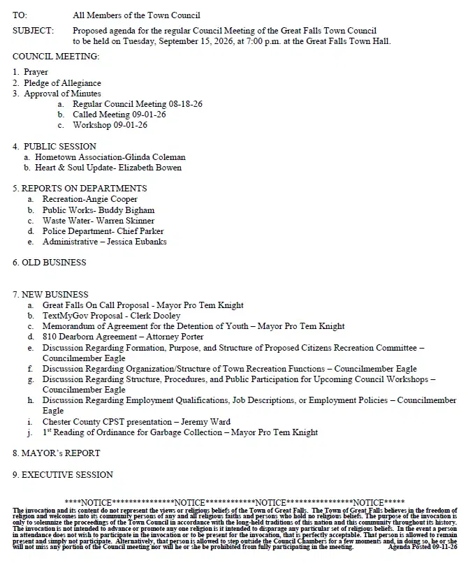 Stay Informed: Join Your Great Falls Town Council Meeting This September