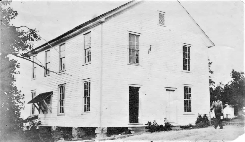 First Office Building During Const. Of Great Falls Hydro Dam About 1904. Note Pay Window With Canopy & Steps. Masonic Lodge Met Upstairs.