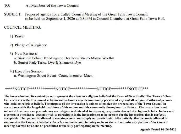 Called Town Council Meeting Scheduled for September 1, 2026